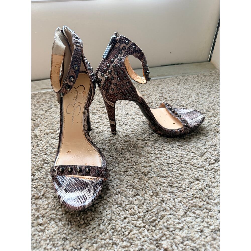 Jessica Simpson Platform strappy heels snake print studs 7 brown
